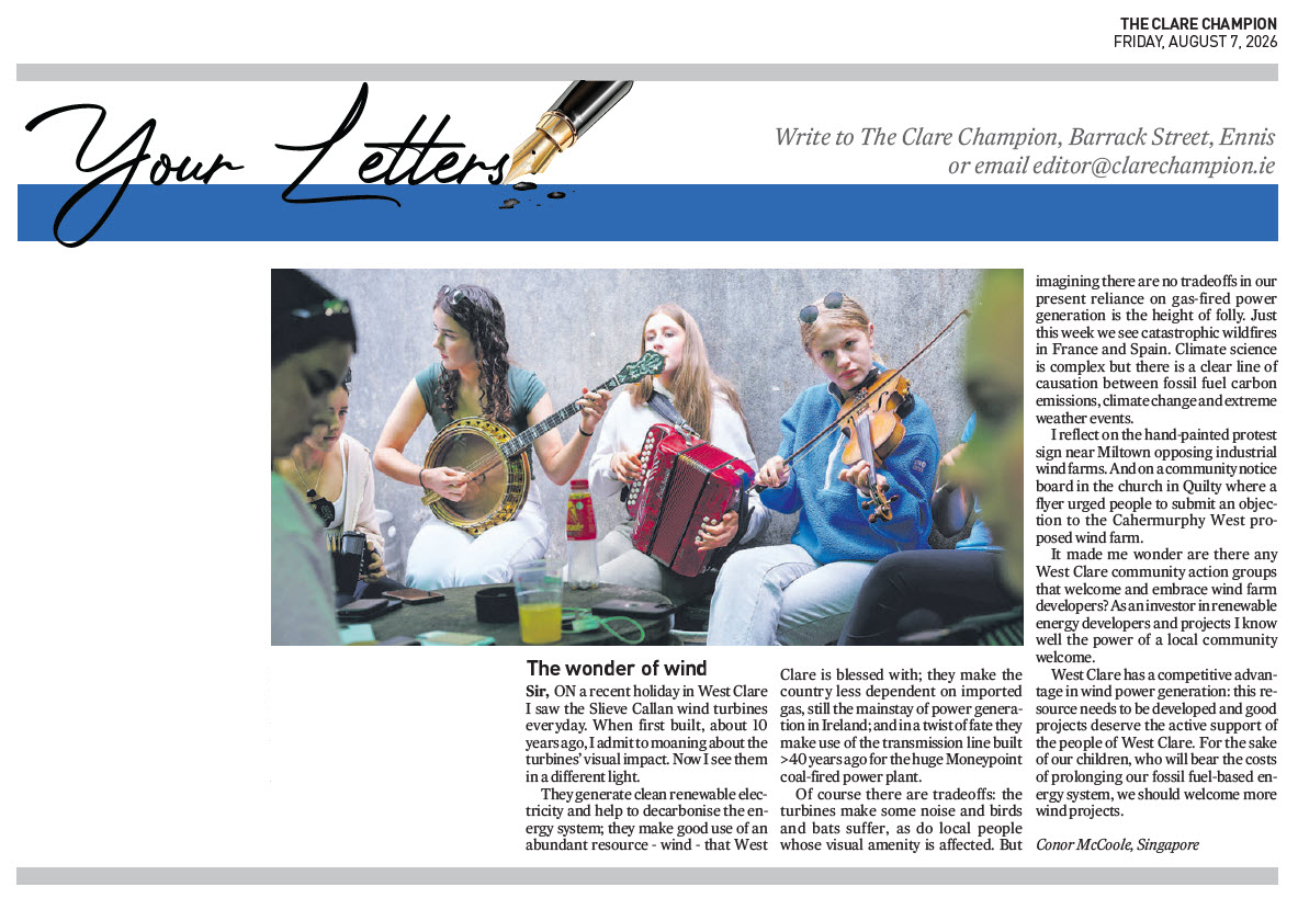 The Clare Champion letters page featuring Conor McCoole's letter, The wonder of wind