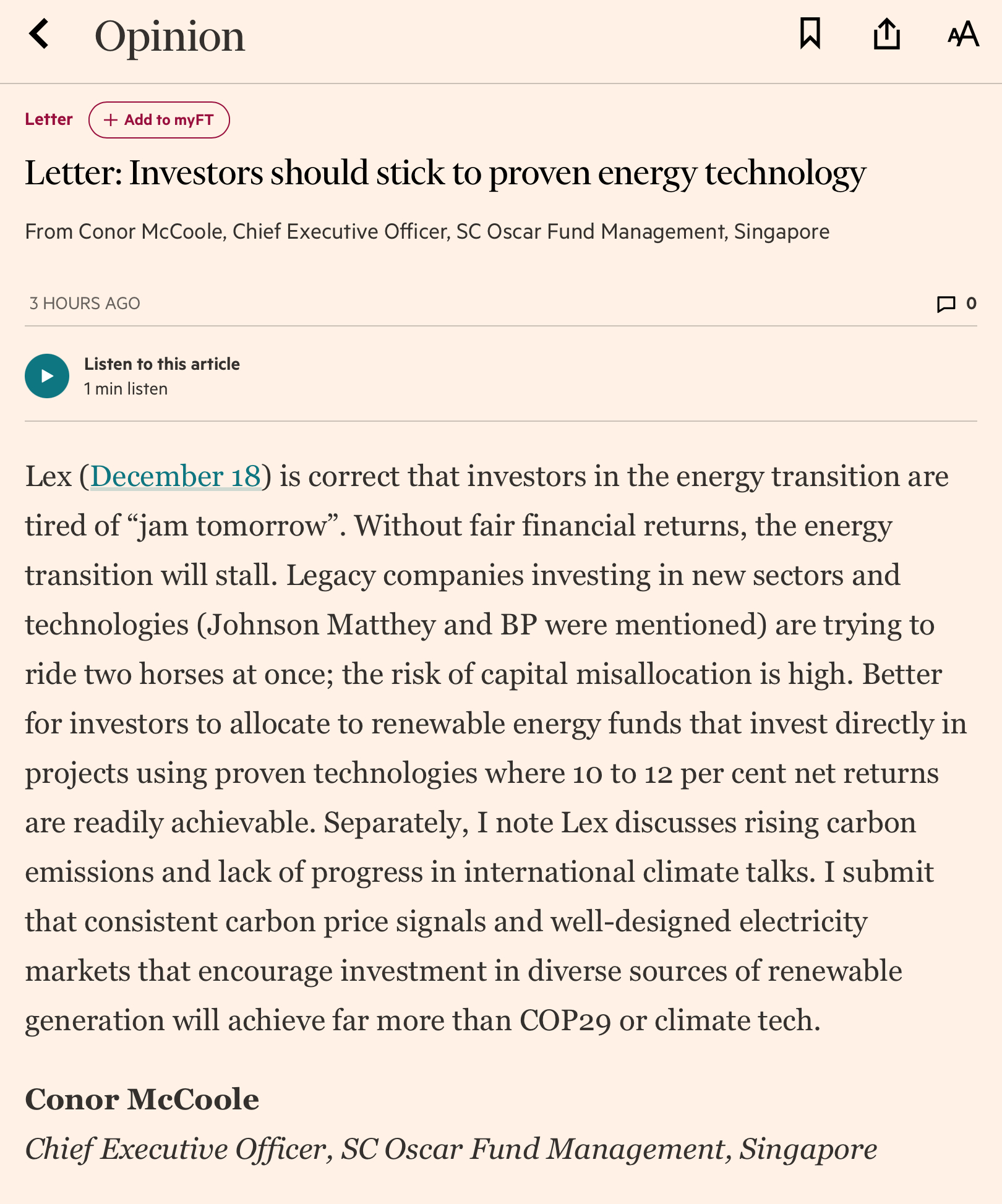 Screenshot of Financial Times letter